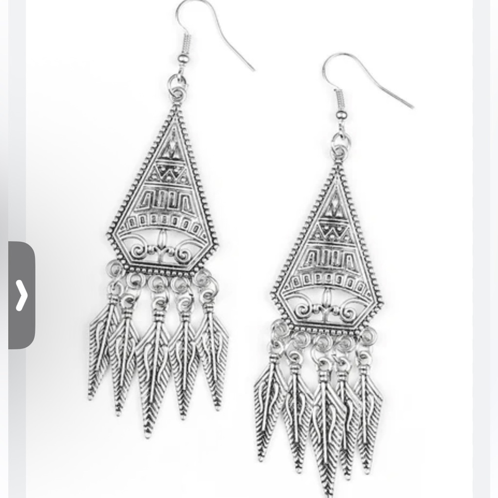 Silver toned mayan Indian style Drop wired Earrings